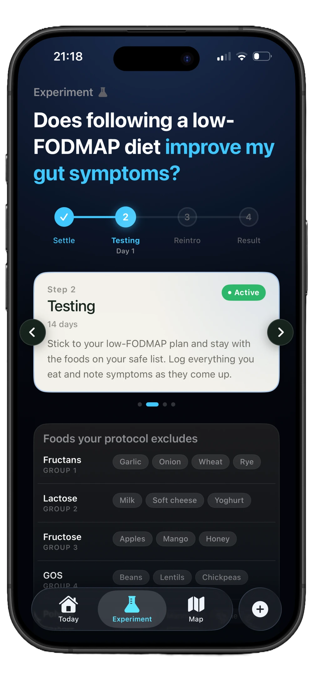 Gutli on iPhone showing an active low-FODMAP experiment, its testing phase and excluded food groups