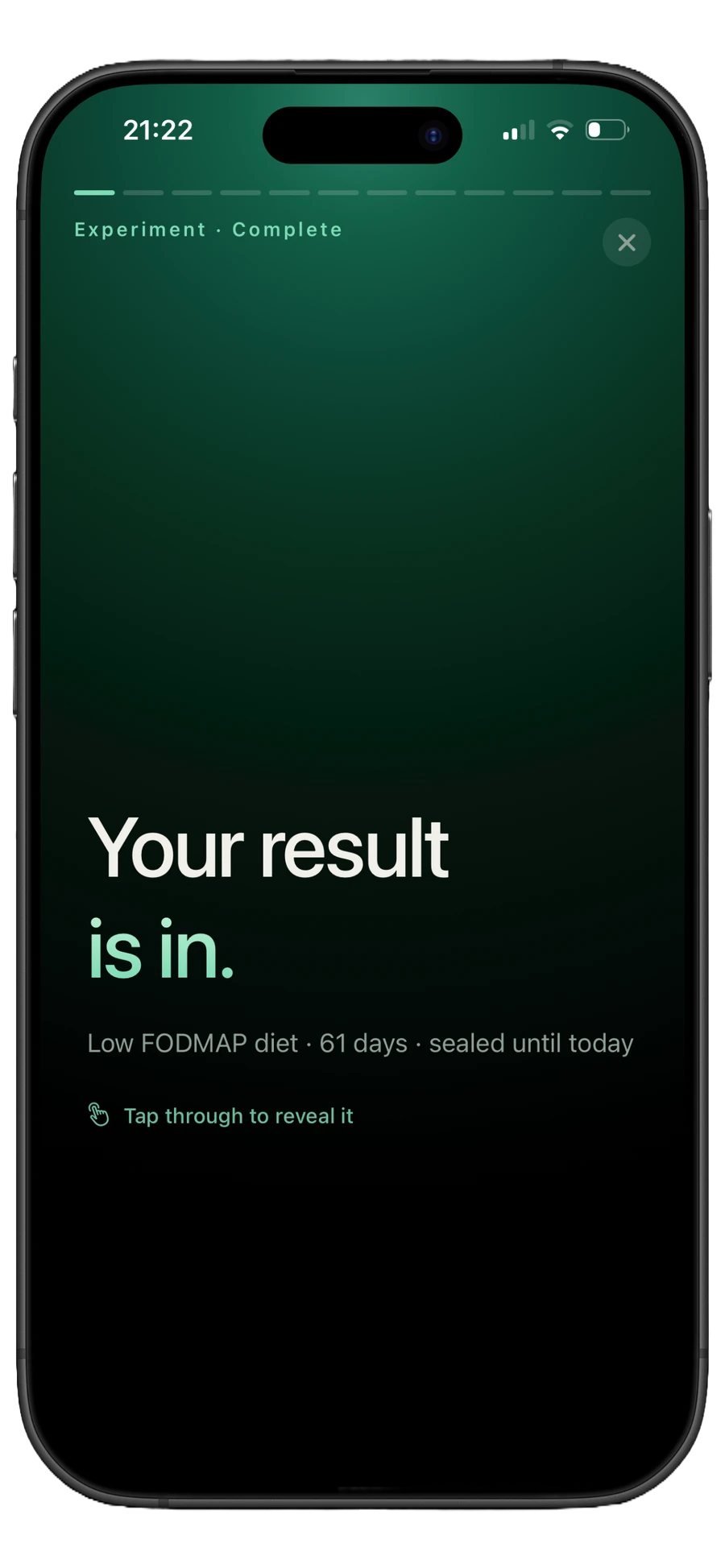 Gutli on iPhone announcing that a completed low-FODMAP experiment result is ready to reveal